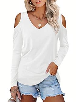 Beluring Damen Casual Offene Schulter Langarm V-Ausschnitt Basic T-Shirts Bluse Oberteile Weiß L von Beluring