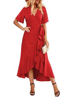 Beluring Damen Kleid Elegant Tunikakleid Sommer Kurzarm Satin Rüschenkleid Rot XXL von Beluring