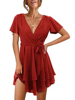 Beluring Damen Kleid V-Ausschnitt Wickelkleid Minikleid Flowy Rüschen Kleider Skaterkleid Rot L von Beluring