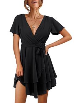 Beluring Damen Kleid Wickel Rüschenärmel Minikleid Sommer Falten Kleider Wickelkleid Schwarz XXL von Beluring