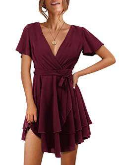 Beluring Damen Kleid Wickelkleid Kurzarm Casual Flowy Sommer Minikleid Plissee Kleider Rotwein L von Beluring