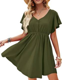Beluring Damen Kleider Casual Rüschen Kurzarm Freizeitkleid V-Ausschnitt Basic Elastische Taille Kleid Olivgrün XL von Beluring