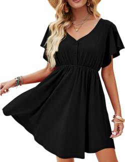 Beluring Damen Kleider Elegant Kurzarm Minikleid Sommer V-Ausschnitt Knöpfe Modische Strandkleid Schwarz XXL von Beluring