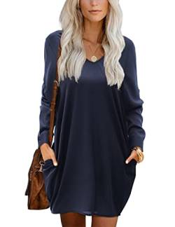 Beluring Damen Kleider Elegante V Ausschnitt Langarm Blusenkleid Mit Taschen Navy Blau XL von Beluring