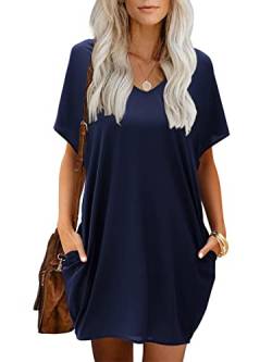 Beluring Damen Kleider Mit V-Ausschnitt Lässig Knielang T-Shirts Kleid Navy Blau XL von Beluring