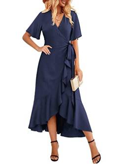 Beluring Damen Kleider Sommer Kurzarm V Ausschnitt Maxikleider Einfarbig Rüschenkleid Navy Blau M von Beluring