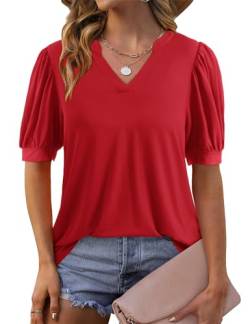 Beluring Damen Kurzarm Shirt Elegante V Ausschnitt Puffärmel T-Shirt Mode Einfarbig Bluse Rot XL von Beluring