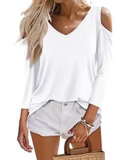 Beluring Damen Lässig 3/4 Ärmel Oberteil V-Ausschnitt Offene Schulter T-Shirts Weiß XL von Beluring