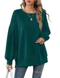 Beluring Damen Langarmshirt Casual Rundhals Locker Oberteile Elegante Basic Schlitz Freizeit Tops Dunkelgrün XL von Beluring