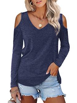 Beluring Damen Longsleeve Off Shoulder V Ausschnitt Einfache Lose Oberteile Bluse Shirts Navy XXL von Beluring