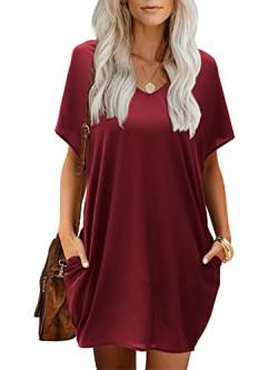 Beluring Damen Loose Fit Sommer Tunika Kleid Mit V-Ausschnitt Kurzarm Burgund XL von Beluring