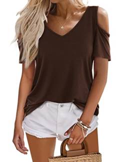 Beluring Damen Oberteil Offene Schulter Kurzarm Shirts Sexy V-Ausschnitt Basic Tshirt Kaffee L von Beluring