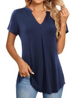 Beluring Damen Oberteile Elegant Kurzarm Einfarbig T-Shirt V Ausschnitt Plissee Tops Marineblau XL von Beluring