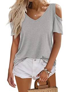 Beluring Damen Oberteile V Ausschnitt Kurzarm Sommer Schulterfrei Tunika Tshirt Grau M von Beluring