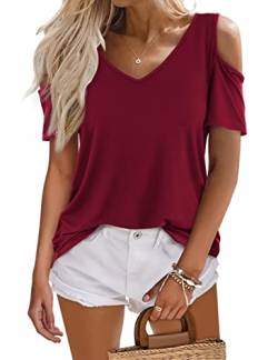 Beluring Damen Schulterfrei Oberteile Sommer Sexy V Ausschnitt Kurzarm Shirt Burgund XXL von Beluring