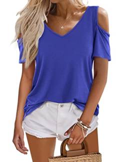 Beluring Damen Schulterfrei Shirts Sexy V-Ausschnitt Sommer Kurzarm Oberteil Top Blau XL von Beluring