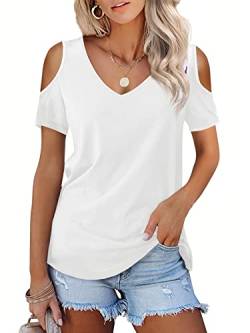Beluring Damen Shirts Kurzarm Offene Schulter Oberteile Sexy V-Ausschnitt Tunika Bluses Weiß L von Beluring
