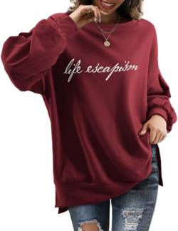 Beluring Damen Sweatshirt Langarmshirt Briefe Drucken Pullover Locker Basic Oberteile Weinrot XL von Beluring