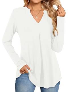 Beluring Damen Tshirt V Ausschnitt Langarm Einfarbig Shirt Locker Swing Saum Tunika Bluse Weiß XL von Beluring