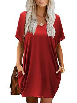 Beluring Damen Tunika Kleid V-Ausschnitt Kurzarm Basic Sommerkleid Mit Taschen Rot L von Beluring