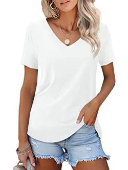 Beluring Damen V-Ausschnitt Kurzarm T-Shirt Einfaches Nettes Oberteile Weiche Bequeme Bluse Weiß M von Beluring