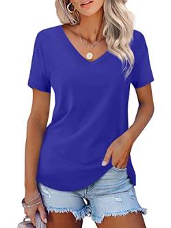 Beluring Frauen Casual Basic Cute Oberteile V-Ausschnitt Kurzarm T-Shirts für den täglichen Gebrauch Blau XL von Beluring