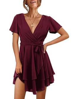 Beluring Kleid Damen Kurzarm V Ausschnitt Ausgestelltes Kleider Einfarbig Stufenkleid Abendkleid Rotwein S von Beluring