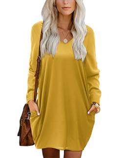 Beluring Kleid Damen V Ausschnitt Langarm Blusenkleider Freizeit Basic Shirtkleider mit Taschen Gelb M von Beluring