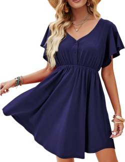 Beluring Kleid Sommer Damen Elegant Kurzarm Sommerkleid Casual V-Ausschnitt Tunika Kleider Marineblau M von Beluring