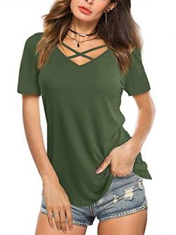 Beluring Kurzarmshirt Frauen Sexy Shirt Top mit Schnürung Vorne Einfarbig T-Shirt Blusen Olivgrün L von Beluring