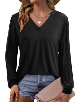 Beluring Langarmshirt Damen Sexy V Ausschnitt Tunika Bluse Lässig Laternenärmel T-Shirt Schwarz M von Beluring