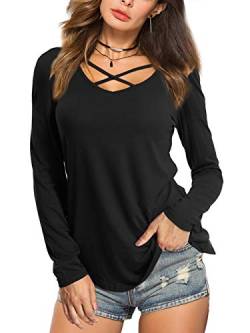 Beluring Langarmshirt Frauen Sexy Shirt Top mit Schnürung Vorne Einfarbig T-Shirt Blusen Schwarz L von Beluring