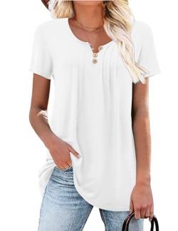 Beluring Longshirt Damen Elegant Kurzarm Tshirt Sexy V-Ausschnitt Knopfleiste Basic Oberteile Weiß XXL von Beluring