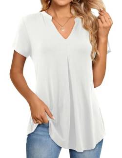 Beluring Longshirt Damen Kurzarm Lässig T-Shirt Sommer V-Ausschnitt Plissee Tunika Blusen Weiß L von Beluring