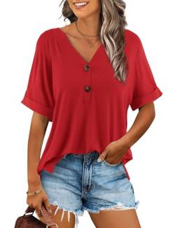 Beluring Longshirt Damen Lässig Kurzarm Tshirt V Ausschnitt Knopfleiste Tunika Blusen Rot L von Beluring