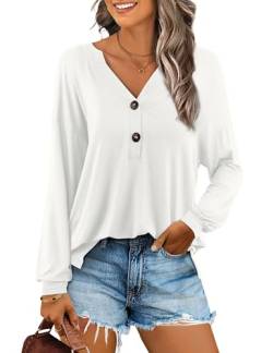 Beluring Oberteile Damen Langarm Elegant Blusen Sexy V-Ausschnitt Basic T-Shirt Weiß L von Beluring