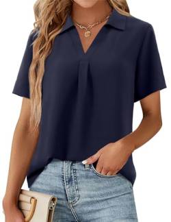 Beluring Oberteile Damen Sexy Kurzarm Shirt V-Ausschnitt Plissee Longshirt Basic Bluse Marineblau S von Beluring