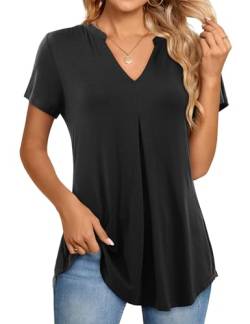 Beluring Oberteile Damen Sommer Kurzarm T-Shirt Einfarbig Plissee Tunika Bluse Schwarz S von Beluring