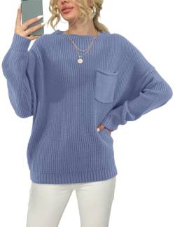 Beluring Pullover Damen Casual Langarm Strickpullover Loose Einfarbig Grobstrick Sweater Mode Top Blau XL von Beluring