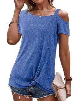 Beluring Schulterfrei Oberteil Damen Sommer Tshirts Kurzarm Shirt Casual Tops Longshirt Einfarbig Blau L von Beluring