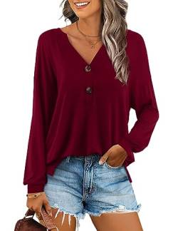 Beluring Shirt Damen Elegant Langarm V-Ausschnitt T-Shirt Winter Tunika Blusen Weinrot S von Beluring