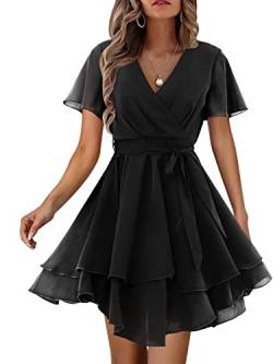 Beluring Sommerkleid Damen Kurzarm V-Ausschintt Wickelkleid Sexy Mehrlagiges Datumskleid Schwarz M von Beluring