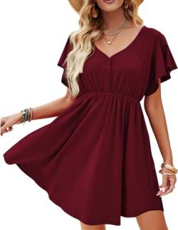 Beluring Sommerkleider Damen V-Ausschnitt Knopfleiste Tunika Kleider Causal Kurzarm Strandkleid Weinrot L von Beluring