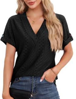 Beluring T-Shirt Damen Elegant V-Ausschnitt Kurzarm Oberteile Einfarbig Basic Shirt Schwarz M von Beluring