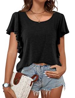 Beluring T-Shirt Damen Sommer Kurzarm Oberteile Loose Einfarbig Top Schwarz XXL von Beluring