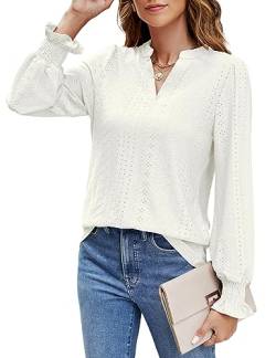Beluring T-Shirt Damen V Ausschnitt Rüschen Langarm Oberteile Mode Schönes Tunika Bluse Weiß XL von Beluring