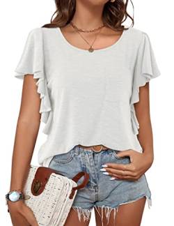 Beluring T Shirts Damen Kurzarm Elegant Oberteile Rundhals Einfarbig Basic Shirt Weiß XL von Beluring