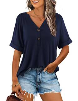 Beluring T-Shirts Für Damen Sommer Kurzarm Elegant Oberteile V Ausschnitt Knopfleiste Shirt Marineblau XXL von Beluring