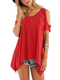 Beluring Tops Damen Sommer T Shirt Oberteil Tops Bluse mit V Ausschnitte, A-rot, 36-38 (Herstellergröße: M) von Beluring