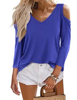 Beluring Tshirt Damen V-Ausschnitt Schulterfrei Oberteil 3/4 ärmel Basic Tee Blau S von Beluring